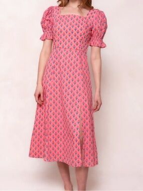 Ivy City Co Pink Catalina Floral Smocked Milkmaid Prairie Midi Dress With Slit